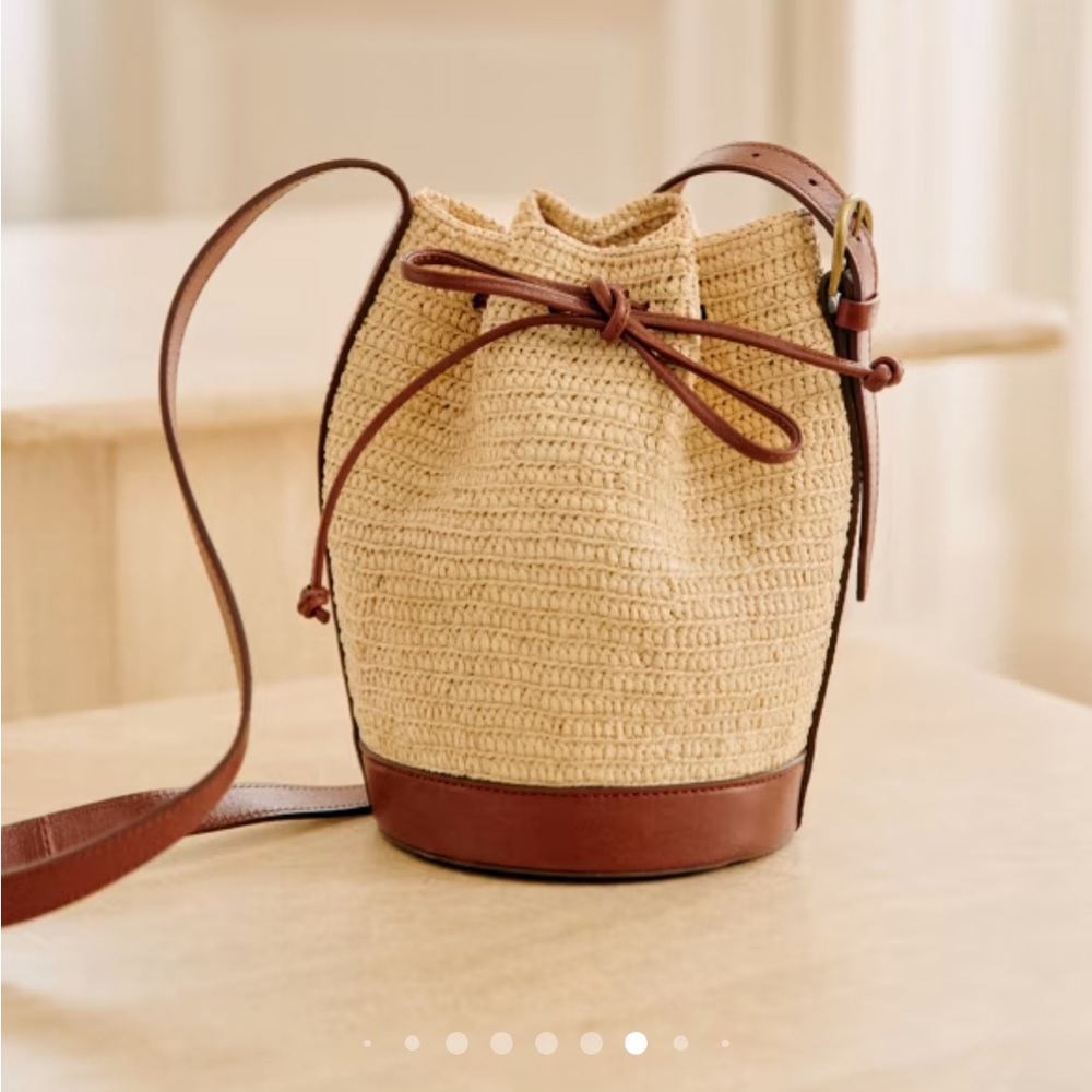 Sezane Mini Farrow Bag, raffia summer crossbody bucket bag brown